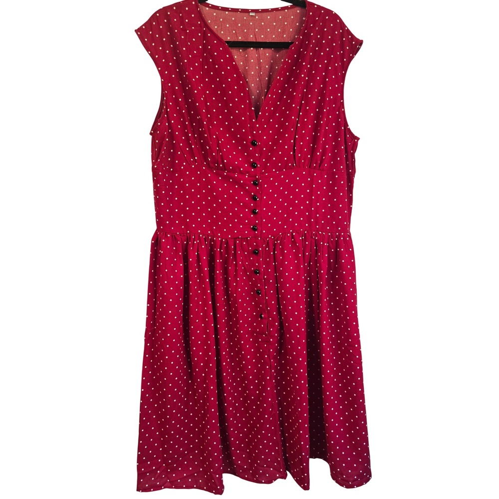 Red White Polka Dot Button Front Fit Flare Retro Rockabilly Dress XXXXL